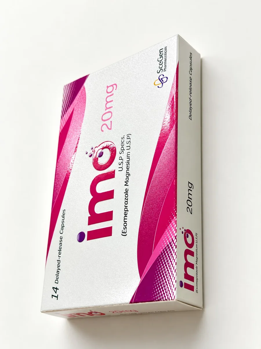 Imo carton standing on end, its gloss swirls raised against a matte ground