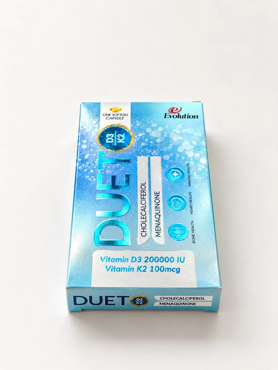 Duet carton with hot-stamped metallic blue lettering