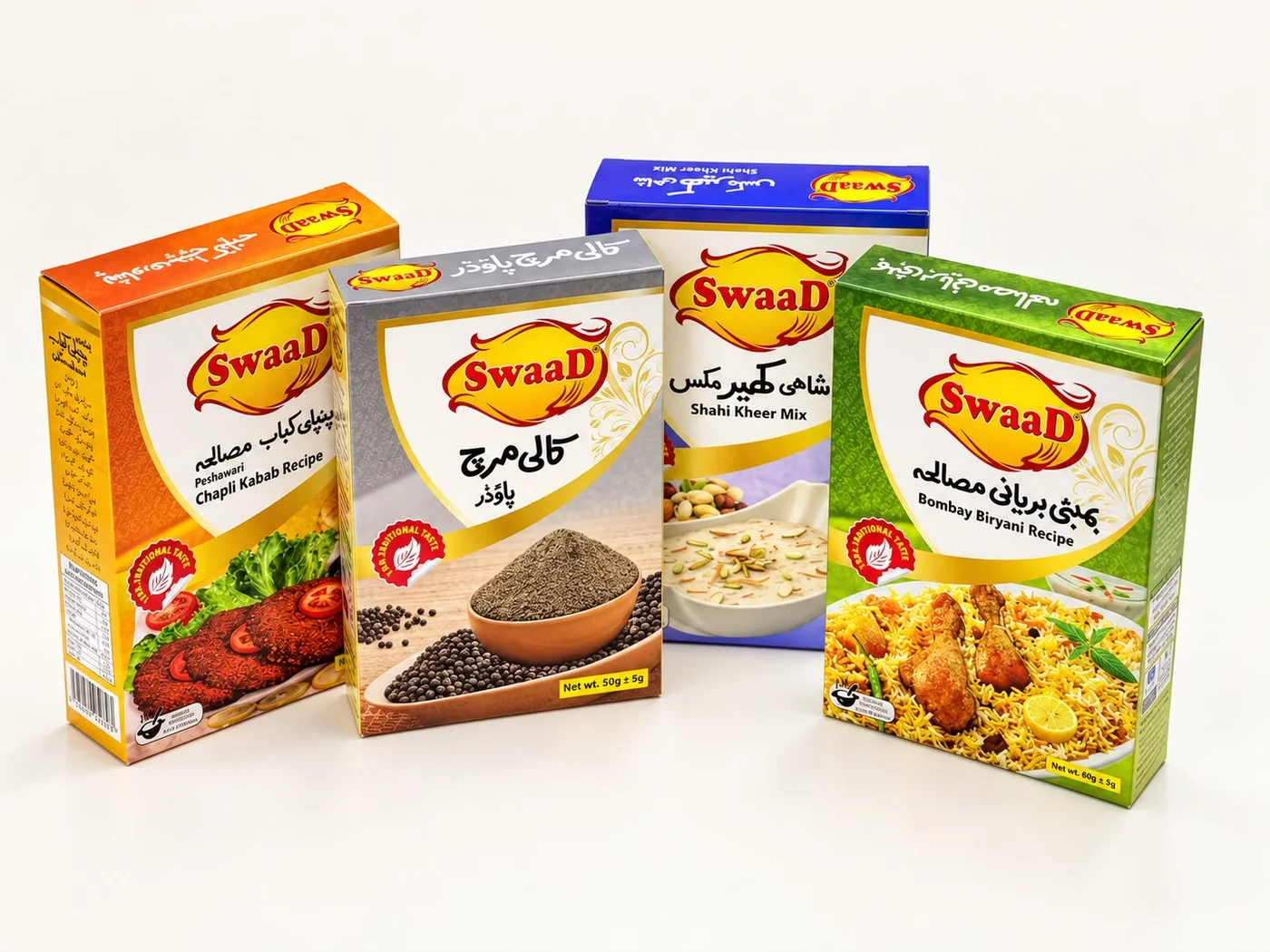 SwaaD food cartons: Chapli Kabab, Kali Mirch, Shahi Kheer and Bombay Biryani