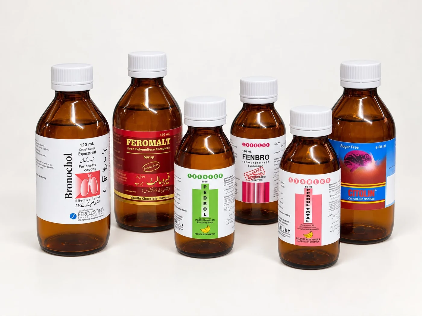 Labelled syrup bottles: Bronochol, Feromalt, Pedrol, Fenbro, Pedrol Total and Citolin