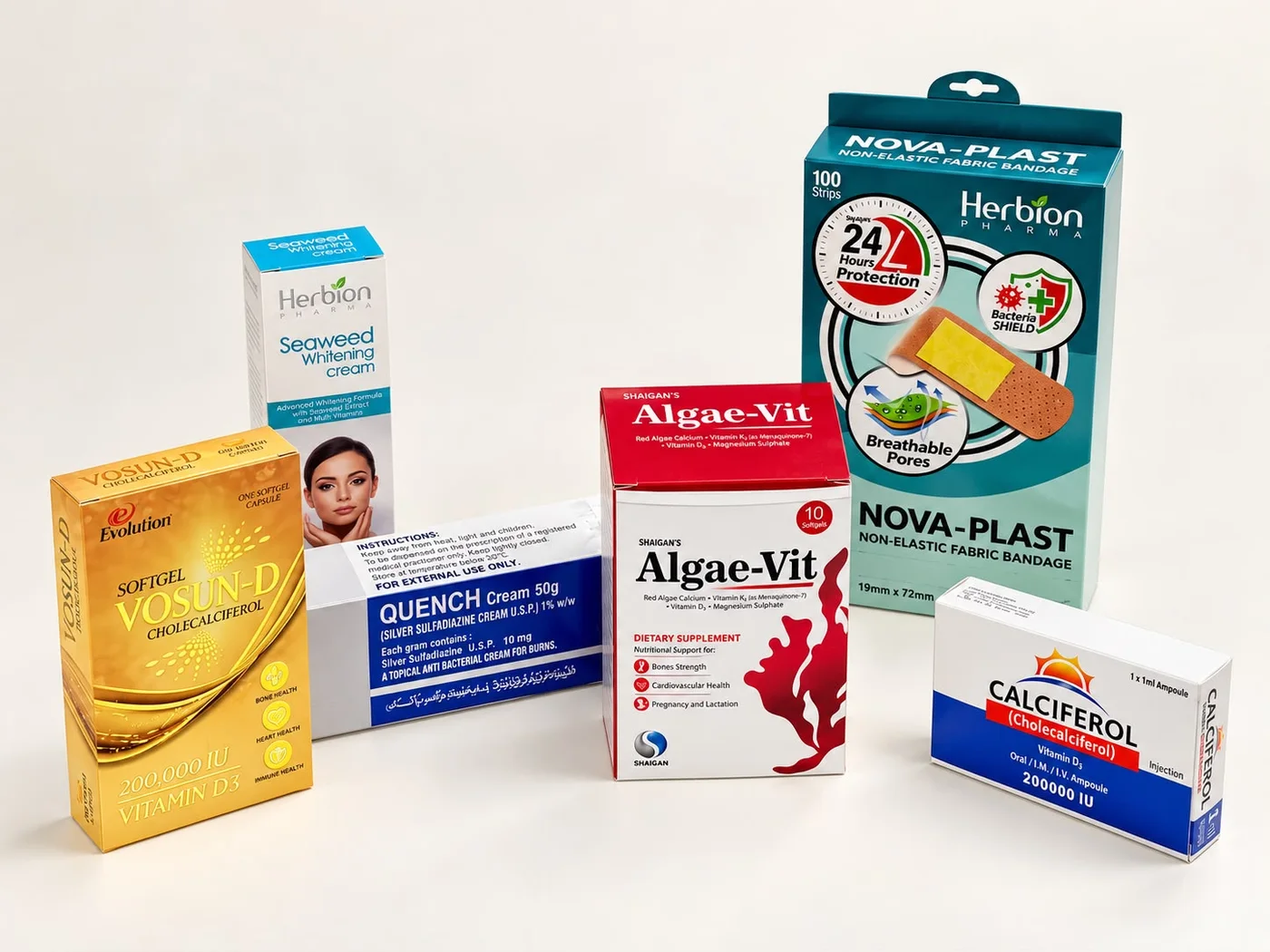Nutraceutical cartons: Vosun-D, Herbion Seaweed cream, Quench, Algae-Vit, Nova-Plast and Calciferol