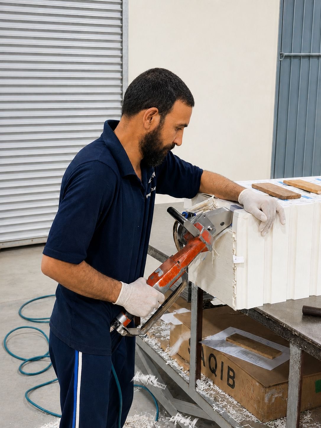 Operator removing waste board from a stack of die-cut sheets.