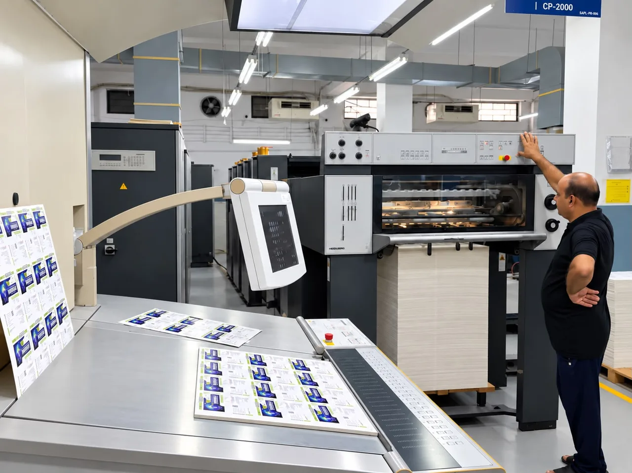 Operator starting the press beside printed sheets on the delivery table.